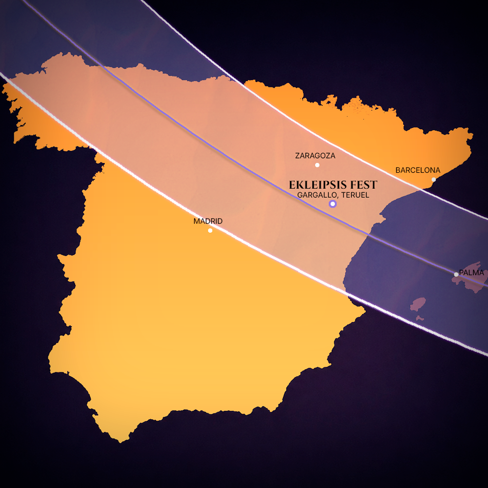 Mapa de la franja de totalidad del eclipse en Gargallo, Teruel